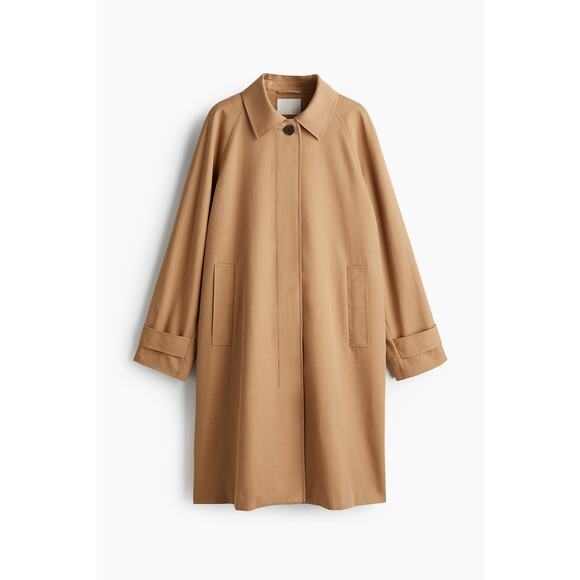 NWOT H&M Twill Car Coat Dark beige Tan XS Jacket Trench Pleated - Picture 4 of 5